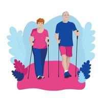 Senior couple exercise Nordic walking in park. Flat vector Illustration abstract background.