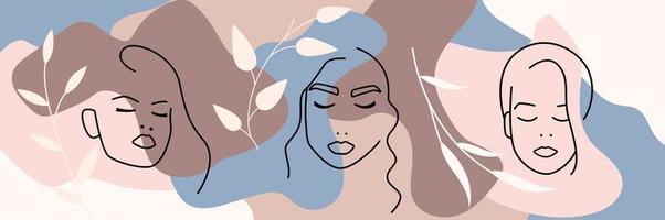 Set of female portraits line art. Spa concept. Tender and relax face. Sleeping lady. Vector illustration on colorful background