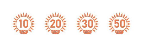 SPF Sunscreen sun protection icon label set. Vector