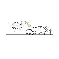 Weather in the mountains. Rain cloud and rainbow outline. Line art concept landscape view.  Vector illustration on white background