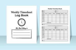 Weekly timesheet log book interior. Business and office employee time management journal template. Interior of a notebook. Worker time management and work hour tracker journal interior. vector