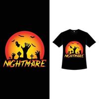 diseño de camiseta de pesadilla de halloween con caligrafía aterradora. diseño de ropa de moda espeluznante de halloween con mano zombie y cementerio. diseño de ropa de camiseta de miedo para el evento de halloween. vector