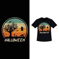 diseño de camiseta de color retro con estilo de halloween con un árbol muerto y silueta de fantasmas y grunge. diseño de camiseta de miedo de halloween con color vintage y caligrafía. diseño de moda aterrador para halloween. vector