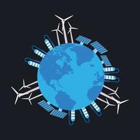 Using natural power plants to create electricity. Producing power with windmills and solar panels to protect the world environment. Saving natural power to save to earth concept with a world map. vector