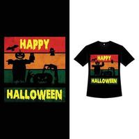 Halloween retro color T-shirt design with scarecrow and zombie hands. Halloween scary T-shirt design with vintage color and silhouette shapes. Scary garment fashion design for Halloween. vector