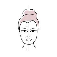 Woman face before and after face lift aging. Young woman and old woman with wrinkles. Flat Vector illustration on a white background.