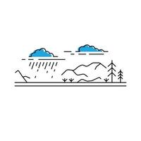 Weather in the mountains. Rain cloud and rainbow outline. Line art concept landscape view.  Vector illustration on white background