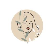 Spa Woman icon. Female Portrait with fresh leaves. Sticker of  Pretty Face. Line art concept. Good for beauty salon, spa, cosmetics. Vector illustration on white background