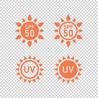 SPF 50 sun protection icons for sunscreen packaging. UVA UVB control for skin. Vector