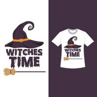Halloween simple black color T-shirt design with a witch hat and broomstick. Halloween funny element design with a witch hat, broomstick, and calligraphy. Spooky T-shirt design for Halloween. vector