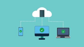 transferir datos del servidor en la nube al vector de dispositivos informáticos. concepto de servidor en la nube con un teléfono inteligente, una computadora portátil y una computadora. vector de método de transferencia y almacenamiento de datos en línea.