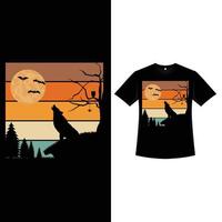 Halloween retro color T-shirt design with a howling wolf. Halloween fashion wear design with a wolf and moon, bat, and dead tree silhouette. Scary vintage color T-shirt design for Halloween event. vector