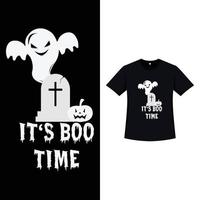 Halloween black color T-shirt design with a scary white ghost. Halloween element silhouette design with a spooky ghost, gravestone, and calligraphy. Spooky T-shirt design for Halloween. vector