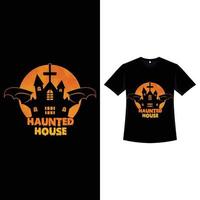 Halloween vintage T-shirt design with moon and haunted house. Halloween fashion wear design with a haunted house spreading wings silhouette. Scary retro color T-shirt design for Halloween event. vector
