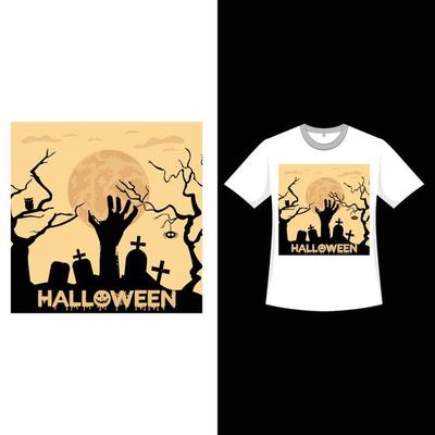 Happy Halloween retro color T-shirt design with a graveyard. Halloween fashion design with a zombie hand, grave, moon, dead tree, and calligraphy. Scary vintage color T-shirt design for Halloween.
