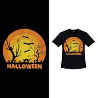 diseño de camiseta de color retro con estilo de halloween con árboles muertos, murciélagos, un gato y lápidas. diseño de camiseta de miedo de halloween con color vintage y caligrafía. diseño de moda aterrador para halloween. vector