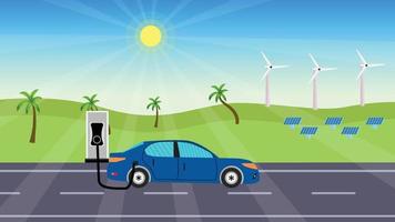 An electric car gets power from a power booth concept. Natural power supply idea with a blue car. Windmills and solar panels create natural power, and cars charge with electricity.