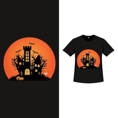 Halloween T Shirt design with vintage color and haunted house. Haunted element silhouette design with pumpkin lantern, house and dead tree. Scary T Shirt design for Halloween event