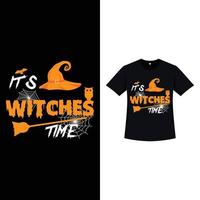 Halloween stylish retro color T-shirt design with scary witch hat, an owl, and broomstick. Halloween scary T-shirt design with vintage color and silhouette shapes. Scary fashion design for Halloween. vector