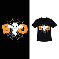 diseño de camiseta de color negro de halloween con fantasma blanco y tipografía naranja. diseño de elementos de halloween con un fantasma blanco, telaraña y caligrafía. diseño de camiseta espeluznante para halloween. vector