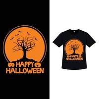 diseño de camiseta de color negro de halloween con un árbol aterrador dentro de la forma redonda. diseño de silueta de elementos de halloween con un árbol muerto y caligrafía. diseño de camiseta espeluznante para halloween. vector