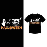 Happy Halloween retro color T-shirt design with typography. Halloween fashion wear design with a ghost, cat, spider web, and calligraphy. Scary vintage color T-shirt design for Halloween event. vector