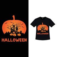 diseño de camiseta de color negro de halloween con una casa embrujada y color vintage. diseño de silueta de elemento de halloween con árboles muertos, calabaza y caligrafía. diseño de camiseta espeluznante para el evento de halloween. vector