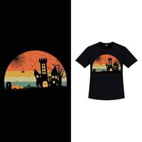 diseño de camiseta de color retro con estilo de halloween con una casa embrujada y lápidas con calabazas. diseño de camiseta de miedo de halloween con color vintage y caligrafía. diseño de moda aterrador para halloween. vector