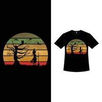 Halloween retro color T-shirt design with a witch standing near a dead tree with a broomstick. Halloween scary T-shirt design with vintage color and scary witch. Scary fashion design for Halloween.