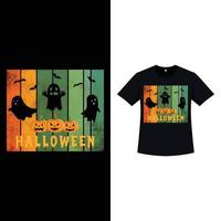 diseño de camiseta de color retro con estilo de halloween con fantasmas y linterna de calabaza y con grunge. diseño de camiseta de miedo de halloween con color vintage y caligrafía. diseño de moda aterrador para halloween. vector