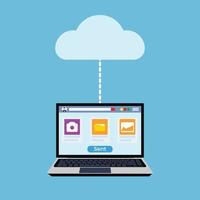 Files and information transferring to cloud storage concept. Cloud server and storage concept with a laptop sharing files. Image file and camera icon inside a laptop, data transformation concept. vector