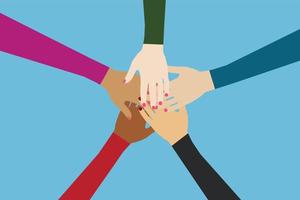 People with different skin colors flat vector illustration. Global unity concept with different colors of hands. International friendship and humanity concept with colorful hands vector.