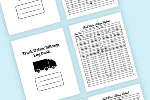 Truck driver journal interior. Truck fuel purchase checker and daily mileage tracker template. Interior of a notebook. Truck driver information and mileage notebook interior.
