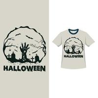 diseño de camiseta de color retro de halloween con un cementerio y un zombi levantando la mano de la tumba. diseño de camiseta de miedo de halloween con color vintage y caligrafía. diseño de moda aterrador para halloween. vector