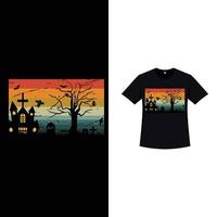 Halloween stylish retro color T-shirt design with a haunted house and dead trees. Halloween scary T-shirt design with vintage color and scary gravestones. Scary fashion design for Halloween.v vector