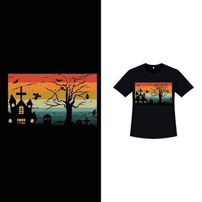 Halloween stylish retro color T-shirt design with a haunted house and dead trees. Halloween scary T-shirt design with vintage color and scary gravestones. Scary fashion design for Halloween.v