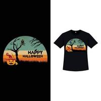 Halloween stylish retro color T-shirt design with a pumpkin lantern and a dead tree silhouette. Halloween scary T-shirt design with vintage color and calligraphy. Scary fashion design for Halloween. vector