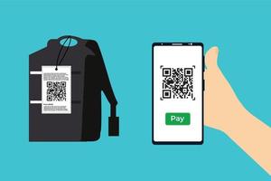 concepto de pago en línea escaneando el código qr en un vector de teléfono inteligente. diseño plano de una información de pago de código qr y una mano que sostiene un móvil. escanear el código qr del producto y pagar el vector de facturas en línea.