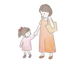 Watercolor Mother And Daughter Walking Hand In Hand. Vector Illustration Isolated On A White Background.