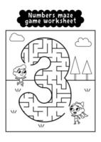 Black and white numbers maze game worksheet for preschool kids. Numbers labyrinth game. Numbers learning exercises. vector