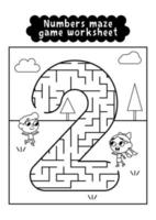 Black and white numbers maze game worksheet for preschool kids. Numbers labyrinth game. Numbers learning exercises. vector