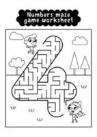 Black and white numbers maze game worksheet for preschool kids. Numbers labyrinth game. Numbers learning exercises. vector