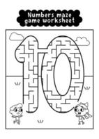 Black and white numbers maze game worksheet for preschool kids. Numbers labyrinth game. Numbers learning exercises. vector