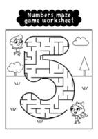 Black and white numbers maze game worksheet for preschool kids. Numbers labyrinth game. Numbers learning exercises. vector