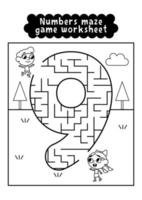 Black and white numbers maze game worksheet for preschool kids. Numbers labyrinth game. Numbers learning exercises. vector