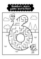 Black and white numbers maze game worksheet for preschool kids. Numbers labyrinth game. Numbers learning exercises. vector