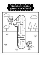 Black and white numbers maze game worksheet for preschool kids. Numbers labyrinth game. Numbers learning exercises. vector