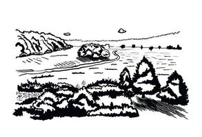 sketch forest road, field, lake landscape vector hand drawn illustration