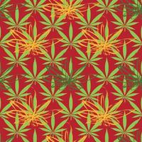 patrón de cannabis hojas verdes sin costuras y amarillo sobre fondo rojo