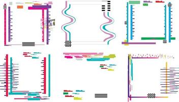 Set of geometric square shape, glitch style frames with pixel distortion and decay effect. Vector illustration